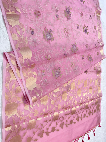 Pink shade organza designer  embroidery premium Banarasi saree