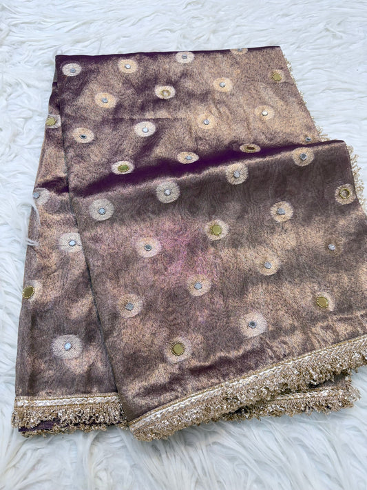 Magenta shade tissue ari & zardosi work designer premium Banarasi saree