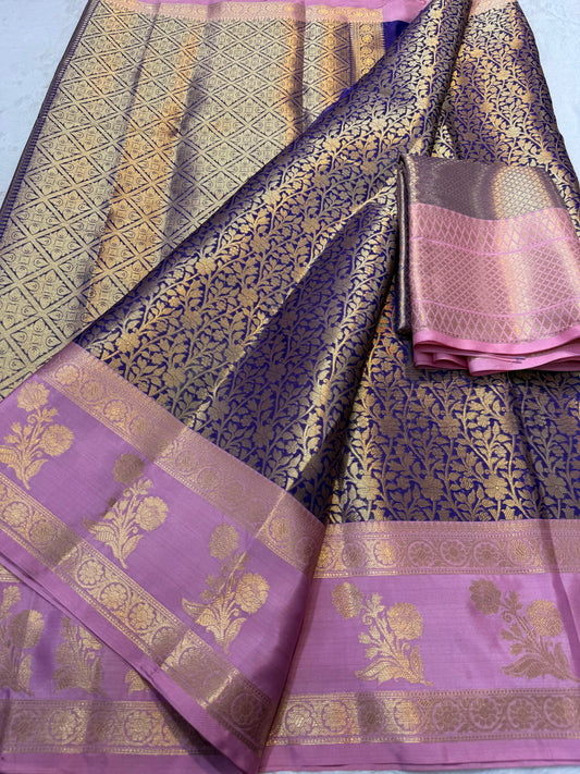 Navy peach shade Kanchi silk premium Banarasi saree