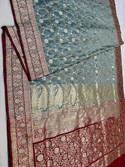 Gray maroon shade Bridal Satan katan ari & stone work Banarasi silk Saree