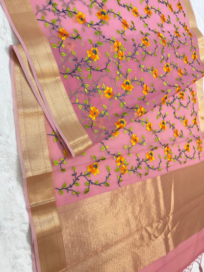 Pink shade organza designer premium embroidery Banarasi saree
