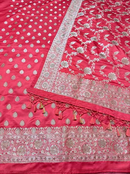 Strawberry Satin Katan Swarovski Work Banarasi suit