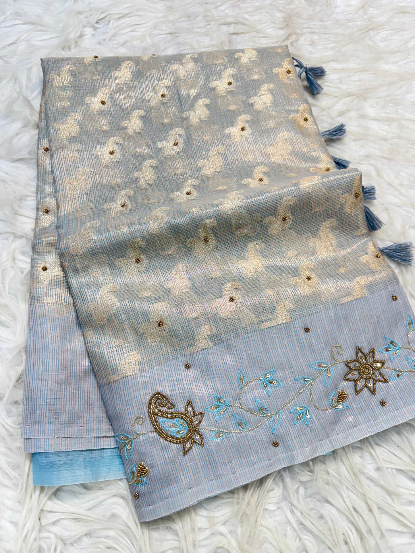 Silver shade tissue kota designer handwork premium Banarasi saree