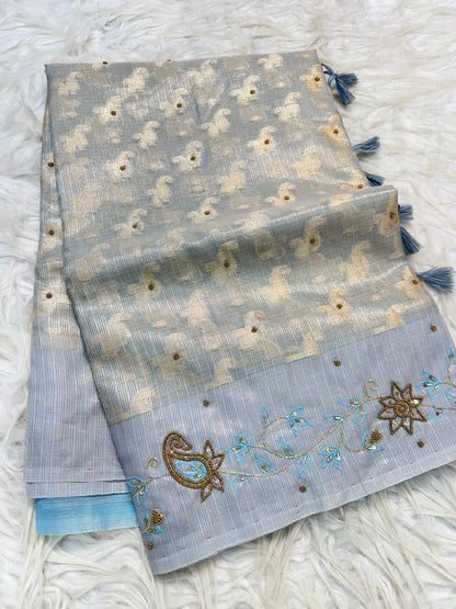 Silver shade tissue kota designer handwork premium Banarasi saree