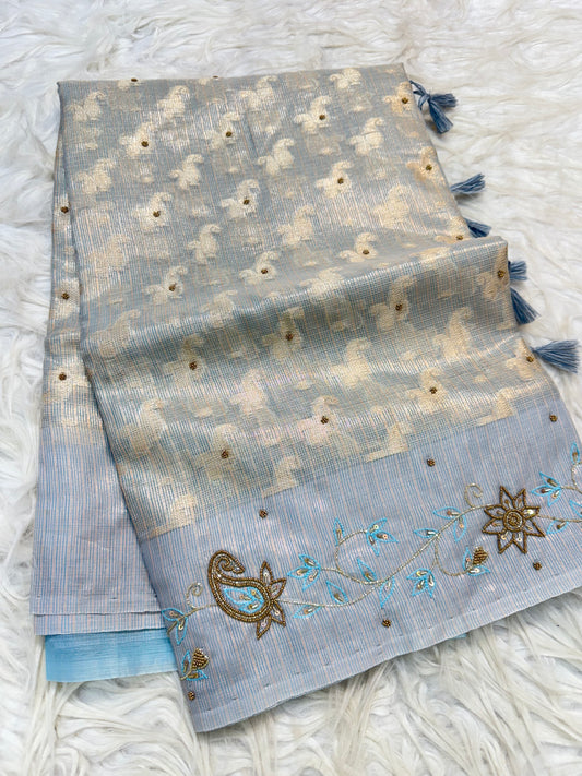Silver shade tissue kota designer handwork premium Banarasi saree