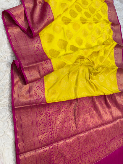 Yellow & royal pink Dupion Silk Banarasi Saree 