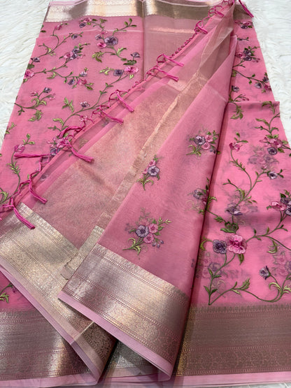Pink shade organza embroidery Banarasi saree