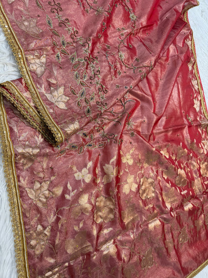 Red shade tissue ari & zardosi work designer premium Banarasi saree