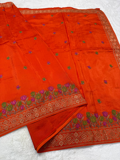 Orange shade viscose embroidery premium designer saree