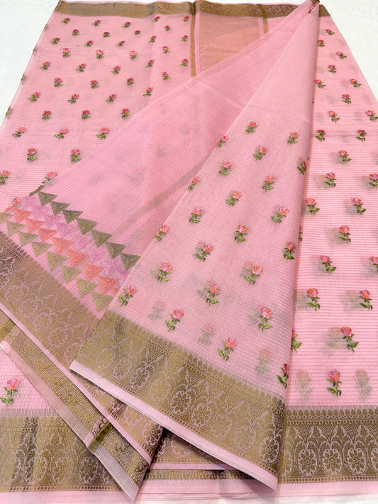 Pink shade cotton kota embroidery Banarasi saree