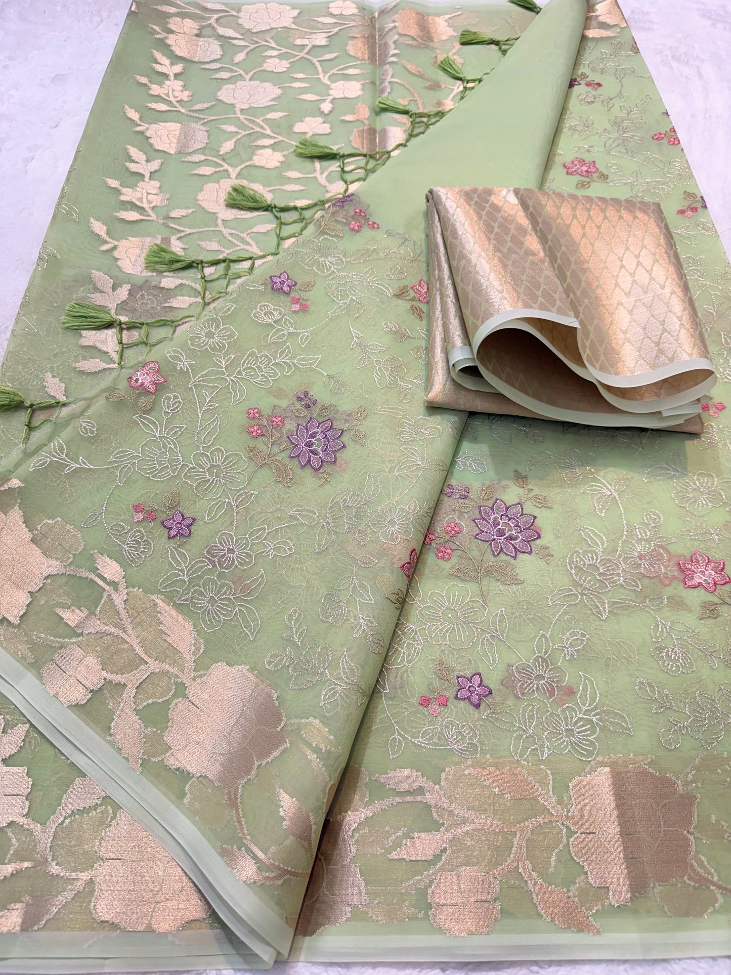 Pista green shade organza designer  embroidery premium Banarasi saree