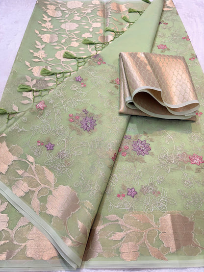 Pista green shade organza designer  embroidery premium Banarasi saree