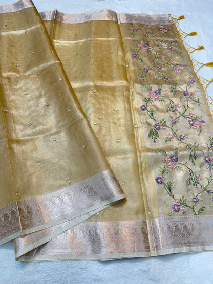 Gold shade kota tissue kota designer embroidery handwork premium Banarasi saree