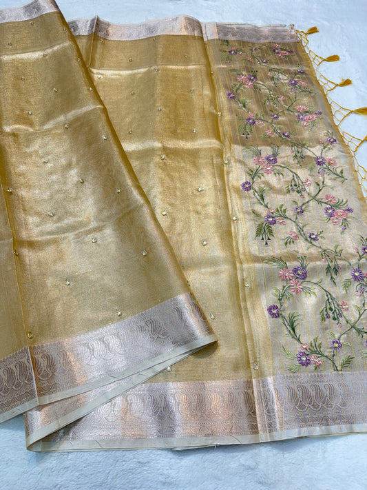 Gold shade kota tissue kota designer embroidery handwork premium Banarasi saree