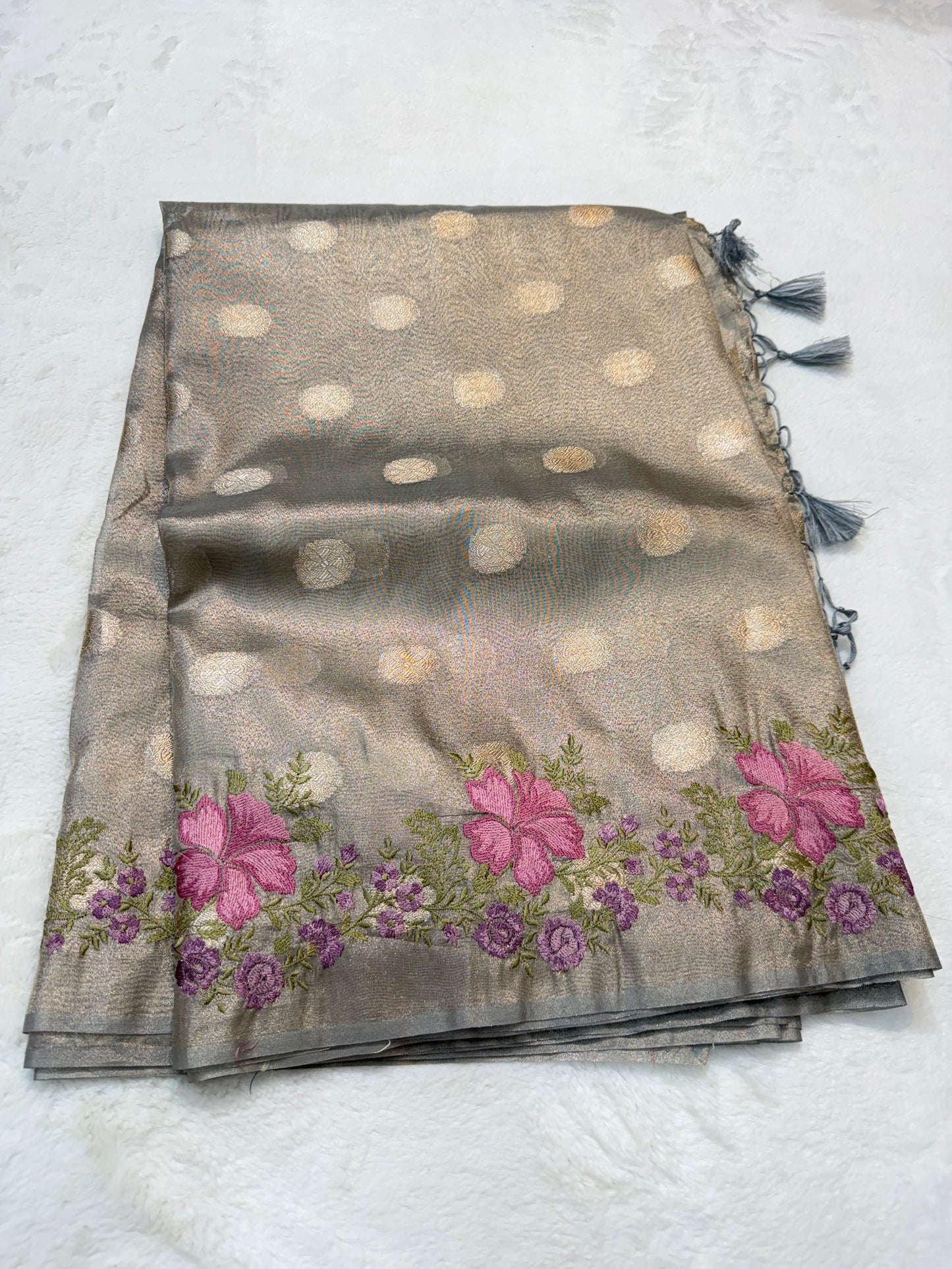 Grey tissue cutwork embroidery premium designer Banarasi saree