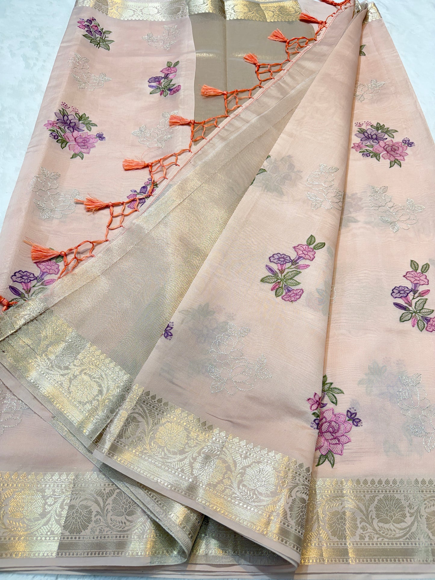 Peach shade soft silk designer  premium embroidery Banarasi saree