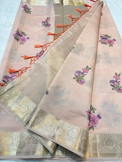 Peach shade soft silk designer  premium embroidery Banarasi saree
