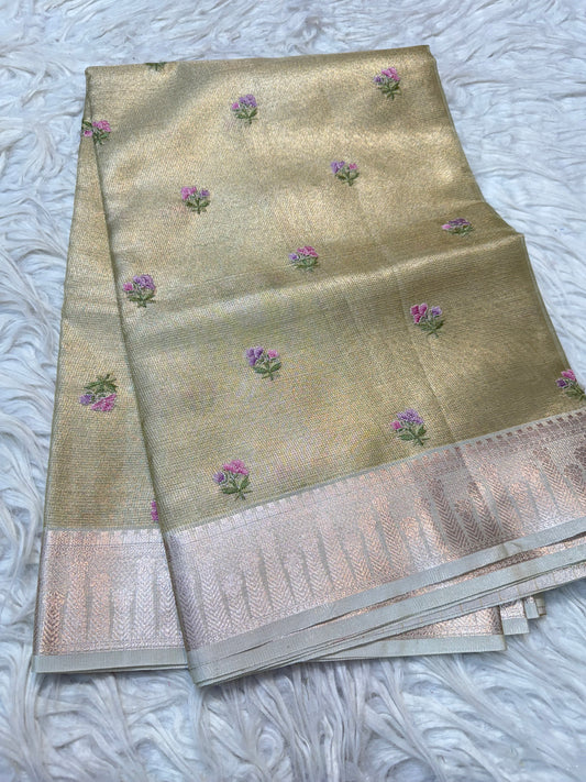 Pista green  shade tissue kota embroidery primum Banarasi saree