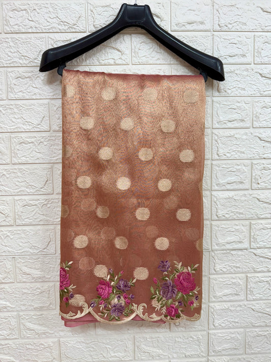 Pink tissue cutwork embroidery premium designer Banarasi saree
