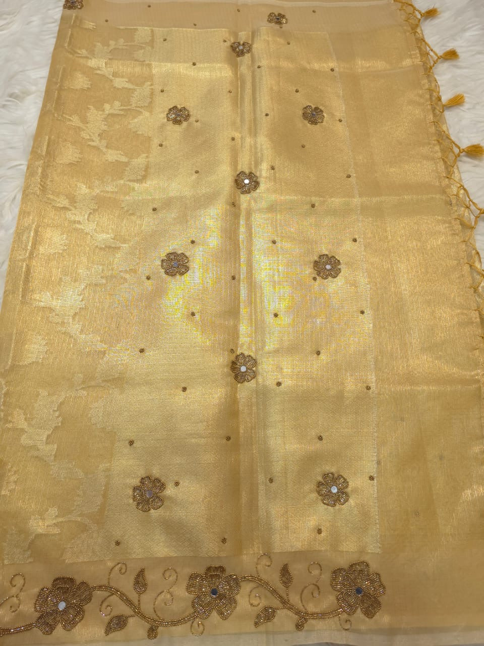 Gold shade tissue kota designer handwork premium Banarasi saree