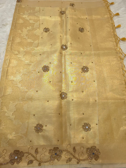 Gold shade tissue kota designer handwork premium Banarasi saree