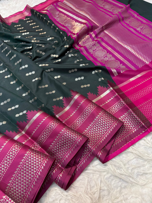 Bottle green royal pink shade premium soft silk Banarasi saree