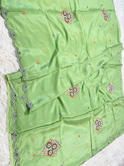 Soft silk zardosi work fancy party wear pista green colore saree