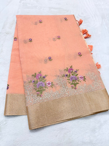 Peach shade linen embroidery Banarasi saree
