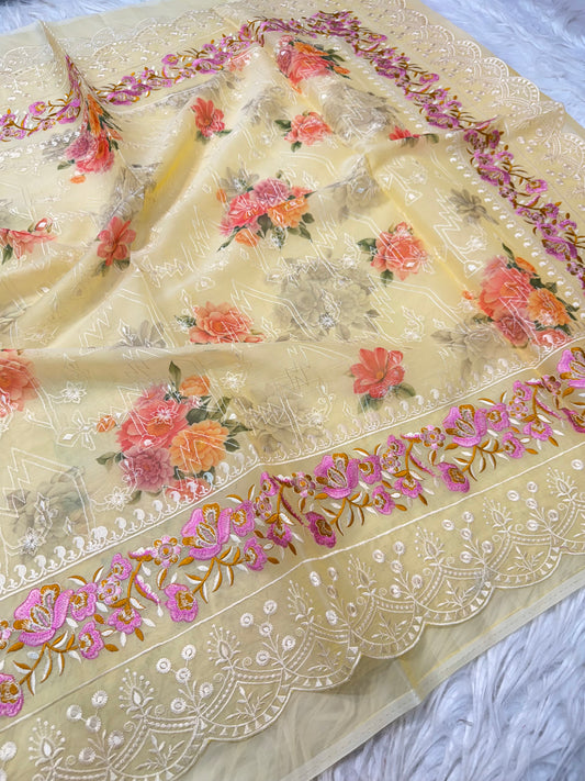 Yellow multi shade  kora organza digital print embroidery Banarasi saree