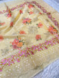 Yellow multi shade  kora organza digital print embroidery Banarasi saree