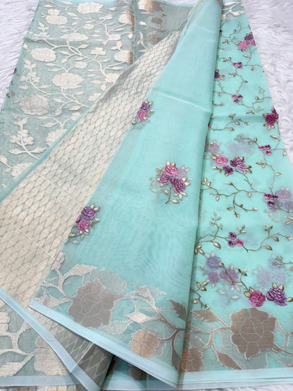 Turquoise shade kora organza  embroidery Banarasi saree