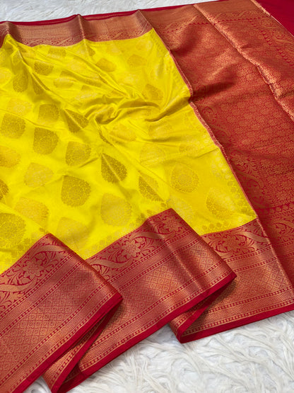 Yellow & red Dupion Silk Banarasi Saree 