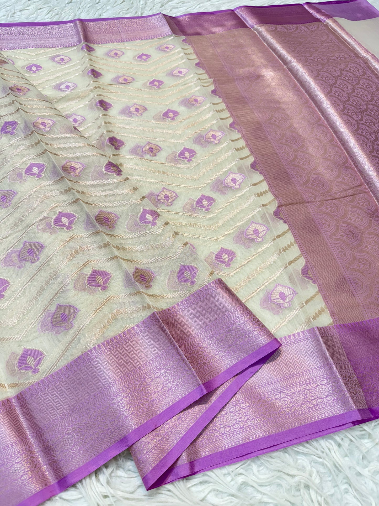 Off white & purple shade cotton premium Banarasi saree