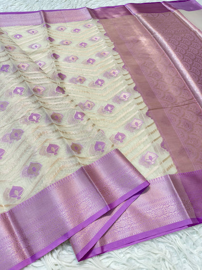Off white & purple shade cotton premium Banarasi saree