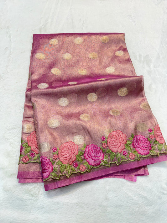 Royal pink shade tissue cutwork embroidery premium designer Banarasi saree