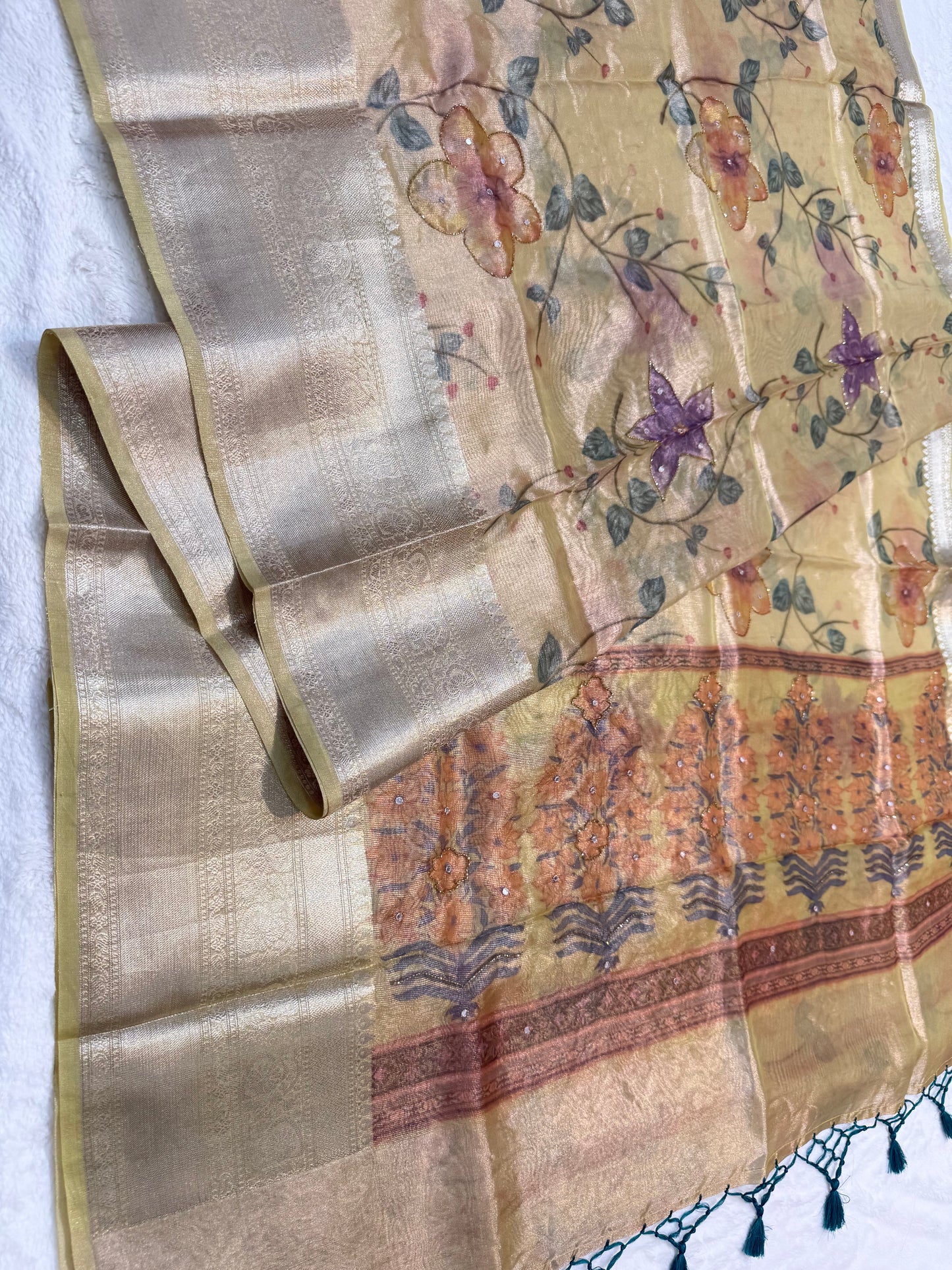 multicolour tissue silk digital print handwork premium Banarasi saree