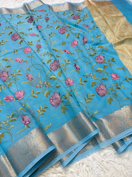 Sky blue  shade cotton kota embroidery Banarasi saree