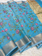 Sky blue  shade cotton kota embroidery Banarasi saree