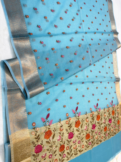 Sky blue shade cotton kota embroidery Banarasi saree