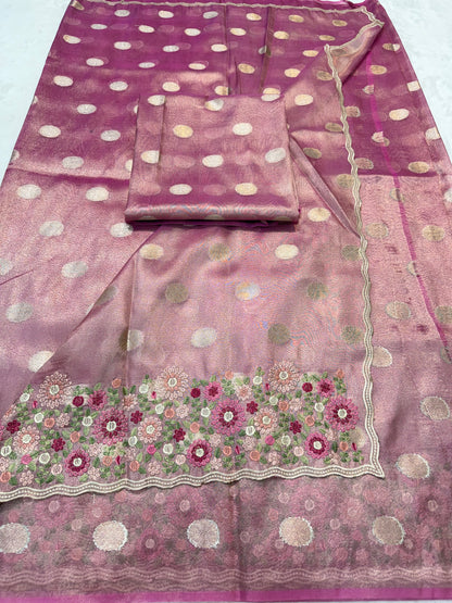 Pink shade tissue cutwork embroidery premium designer Banarasi saree