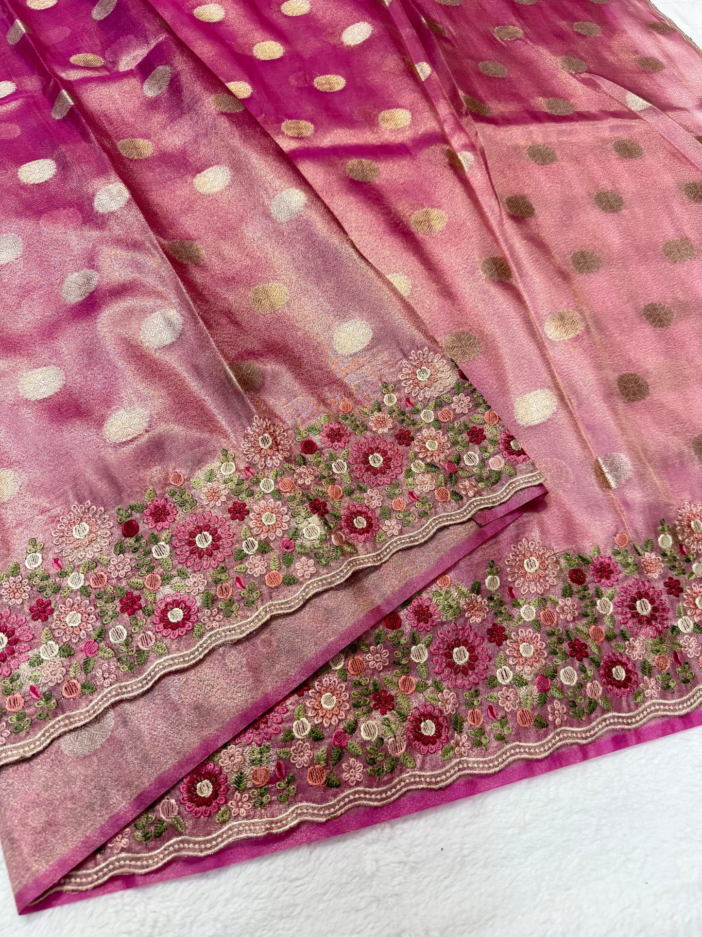 Pink shade tissue cutwork embroidery premium designer Banarasi saree