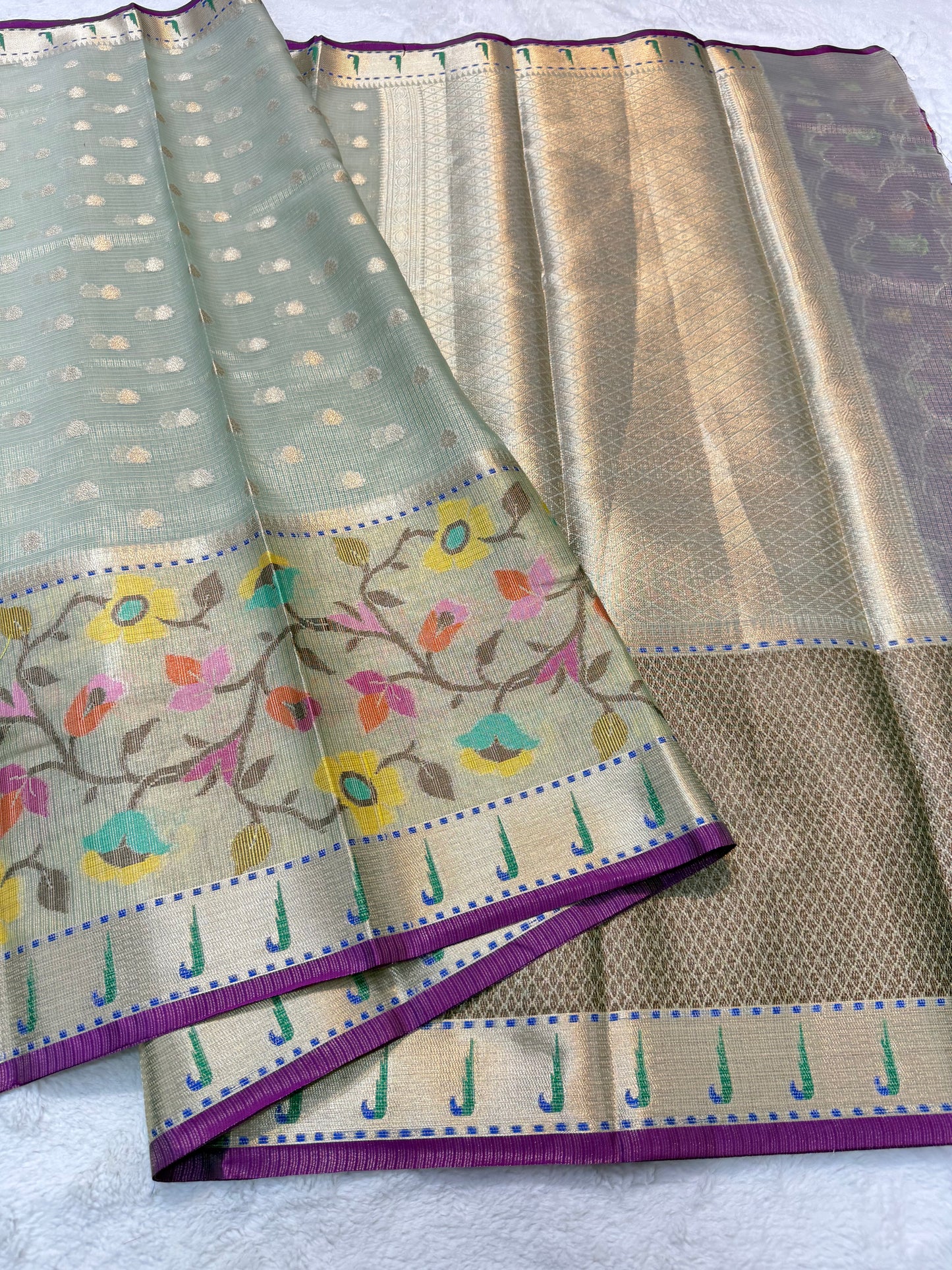 Pista green & multicolour shade tissue kota premium paithani border designer banarasi saree