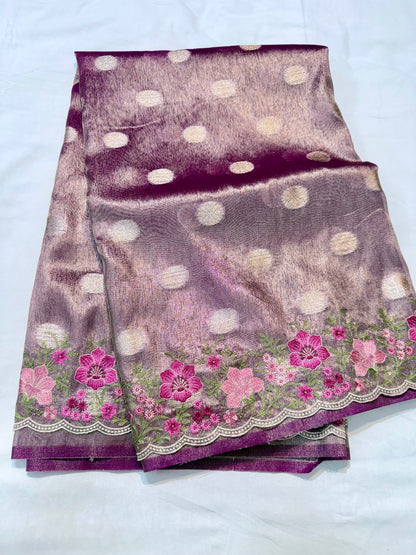 Magenta tissue cutwork embroidery premium designer Banarasi saree