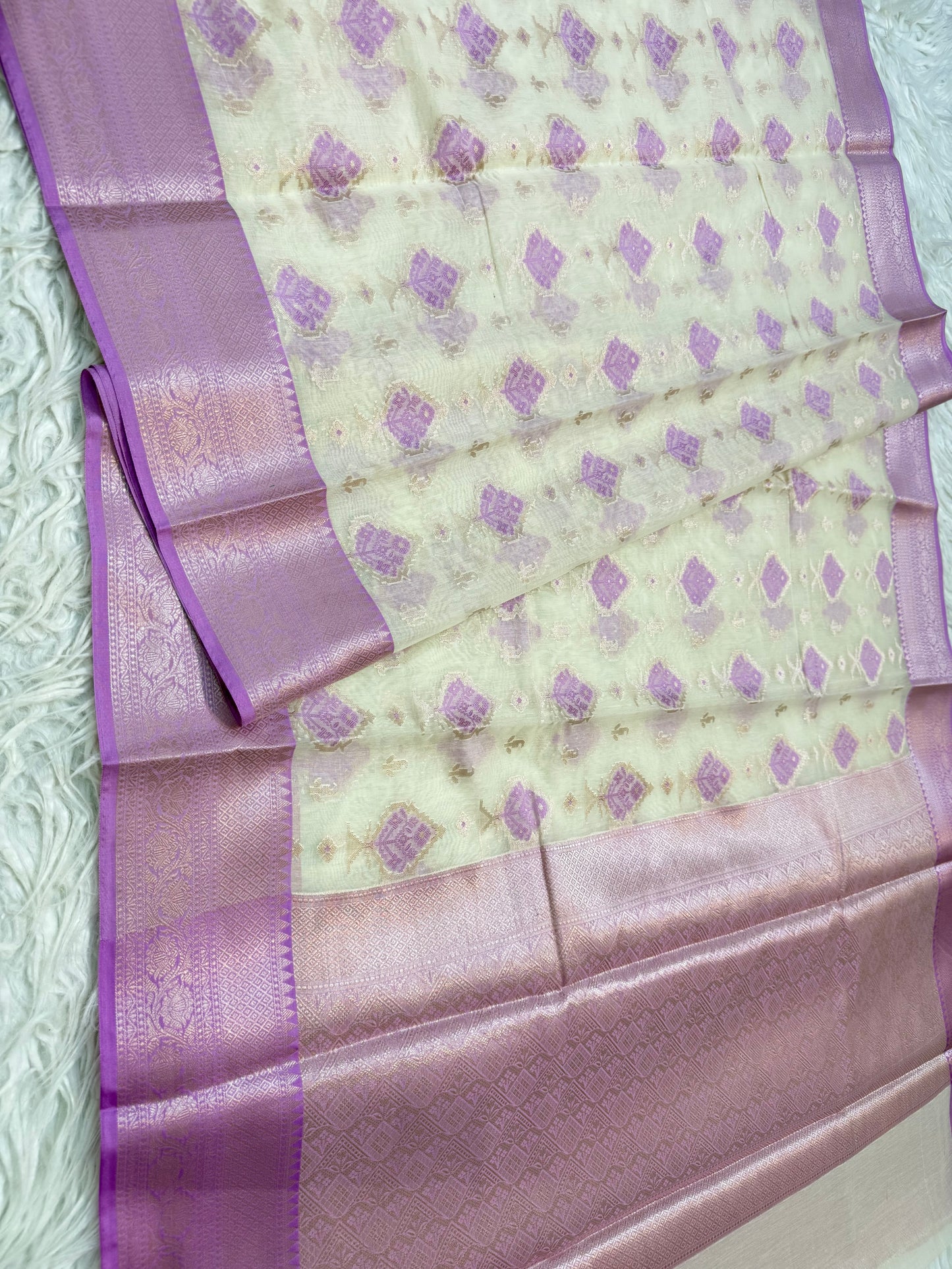Off white & purple shade cotton premium Banarasi saree