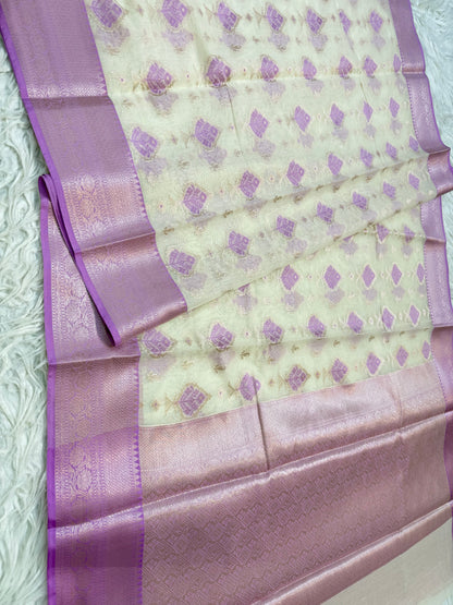 Off white & purple shade cotton premium Banarasi saree