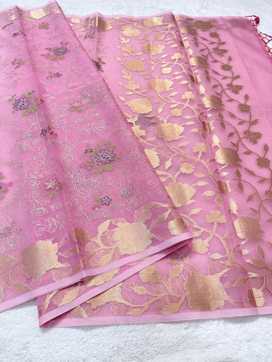 Pink shade organza designer  embroidery premium Banarasi saree
