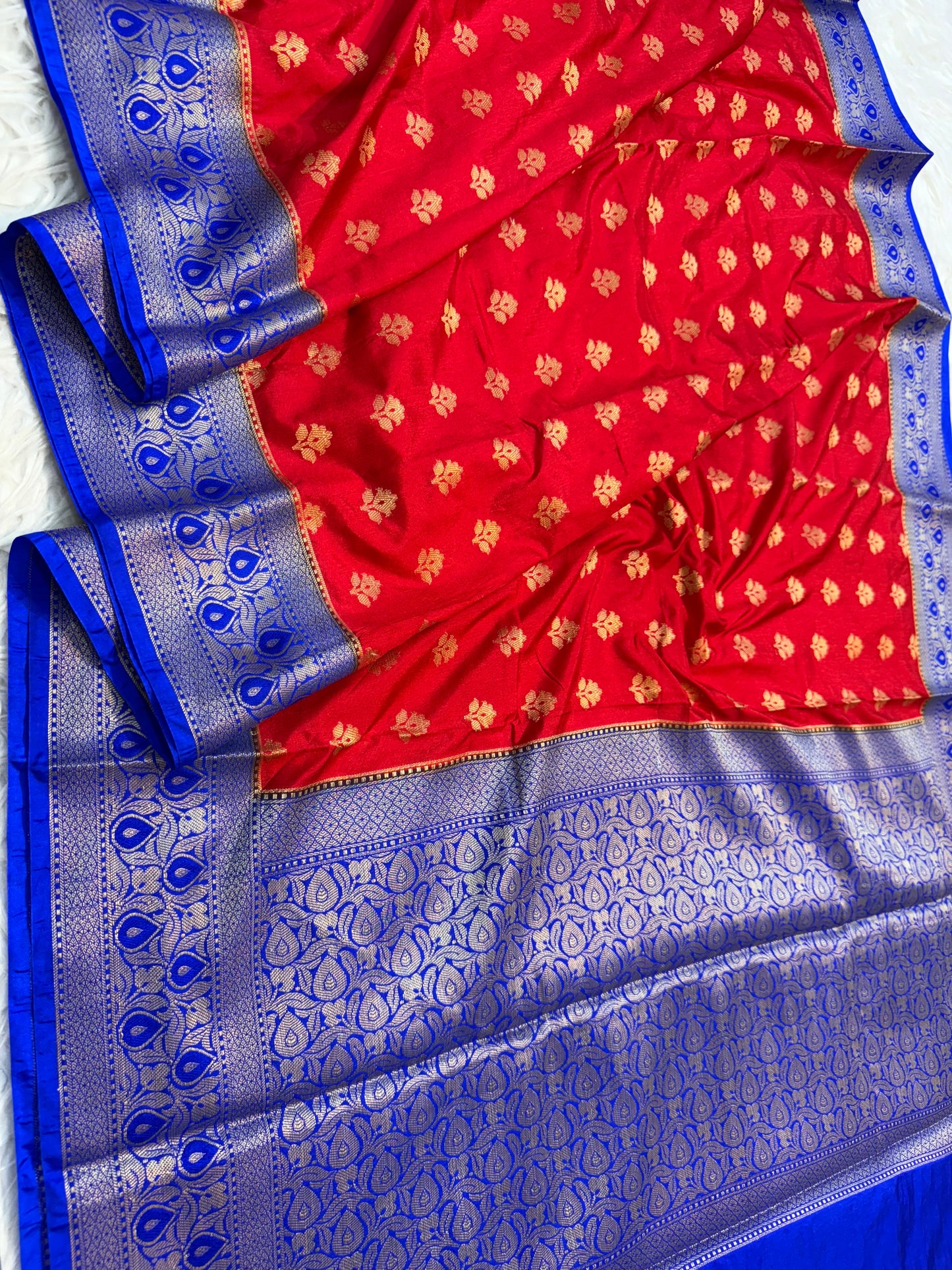 Red royal blue shade Dupion Silk premium Banarasi Saree