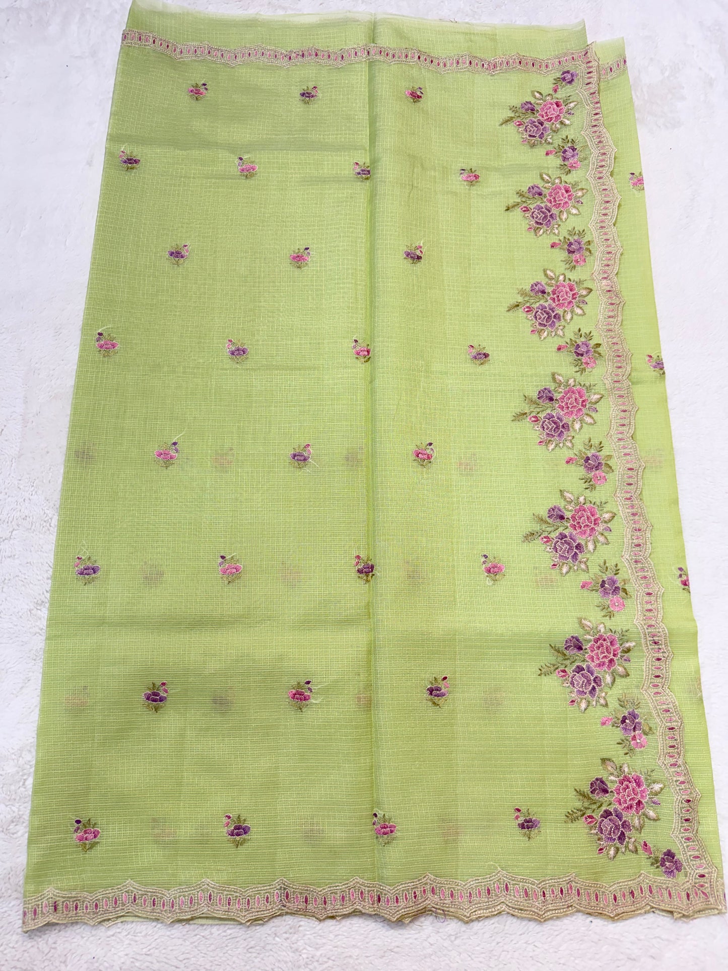Pista green shade cotton kota embroidery Banarasi saree