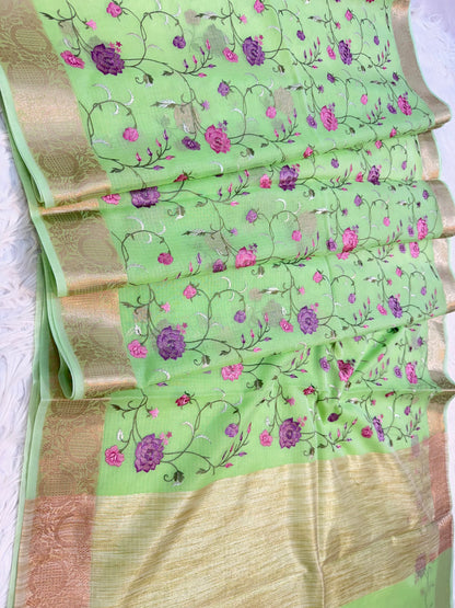 Pista green shade kota  embroidery Banarasi saree