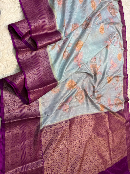 multicolour soft Dupion silk digital  print Banarasi saree